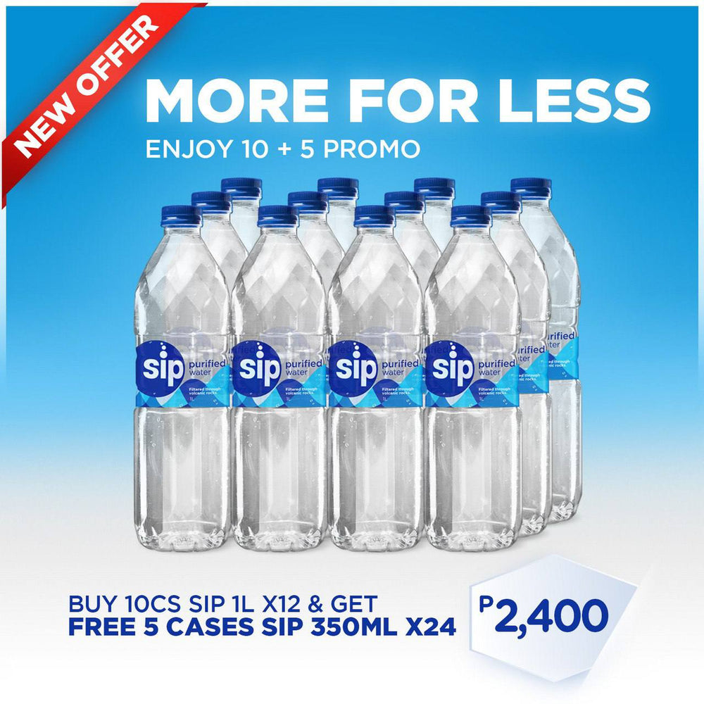 Order Now: SIP PURIFIED WATER - 10+5 (10 Cases 1L x12+ FREE 5 Cases 350ML x24 )